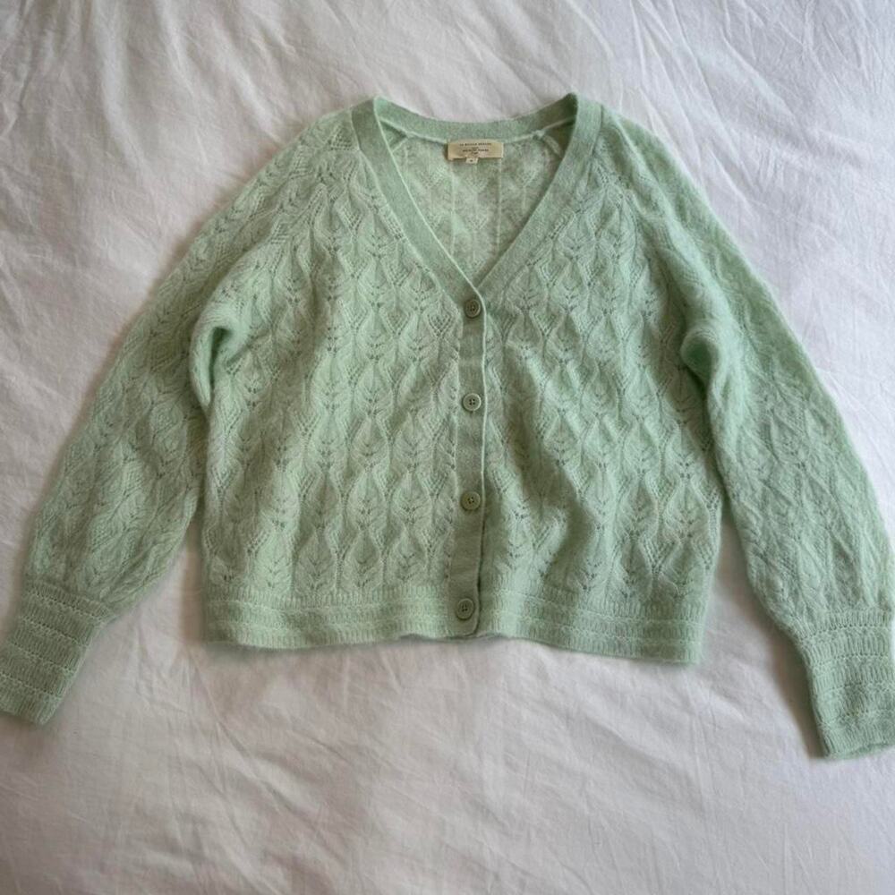 Sezane mint green cardigan with leaf pattern